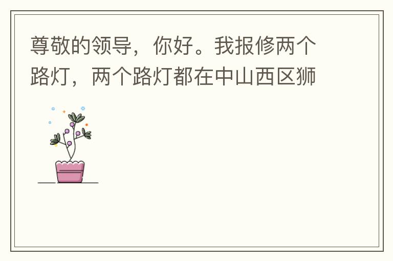 尊敬的領(lǐng)導(dǎo)，你好。我報修兩個路燈，兩個路燈都在中山西區(qū)獅滘口大橋。1.富華往濱江一號，下橋倒數(shù)第二支路燈已經(jīng)損壞。 2.濱江一號往富華方向，下橋最后一支路燈已經(jīng)損壞。麻煩及時修復(fù)，減少意外的發(fā)生。謝謝