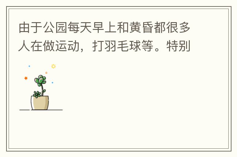 由于公園每天早上和黃昏都很多人在做運(yùn)動(dòng)，打羽毛球等。特別多老人家散步或者跑步。公園燈光不足導(dǎo)致運(yùn)動(dòng)受傷的情況屢見(jiàn)不鮮，有非常大的安全隱患。現(xiàn)在冬天，早上天亮得很晚，晚上天亮得很早，希望公園早上和晚上的