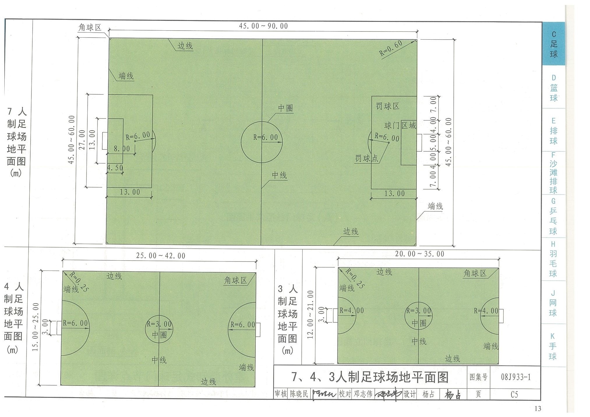 7、4、3人制足球場地平面圖-國家建筑標準設計圖集08J933-1